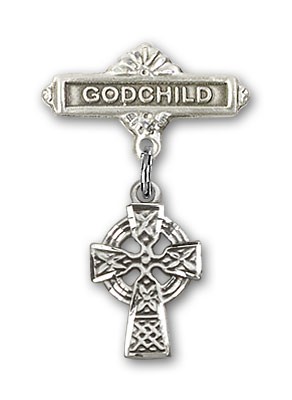 Baby Badge with Celtic Cross Charm and Godchild Badge Pin - Silver tone