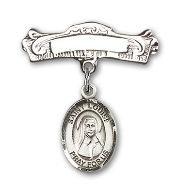 Pin Badge with St. Louise de Marillac Charm and Arched Polished Engravable Badge Pin - Silver tone