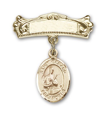 Pin Badge with St. Gerard Charm and Arched Polished Engravable Badge Pin - 14K Solid Gold