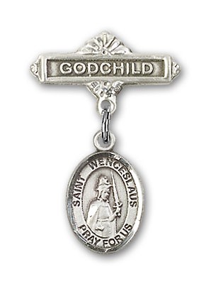 Pin Badge with St. Wenceslaus Charm and Godchild Badge Pin - Silver tone