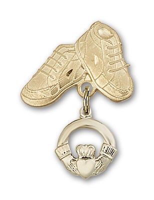 Baby Badge with Claddagh Charm and Baby Boots Pin - 14K Solid Gold