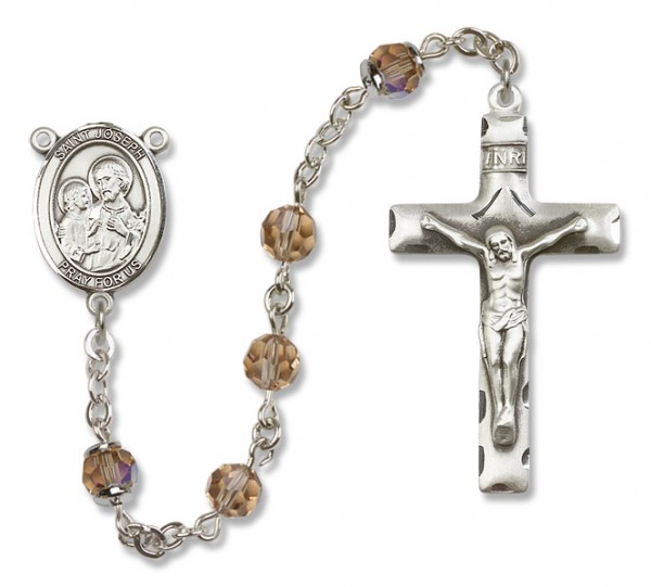 St. Joseph Sterling Silver Heirloom Rosary Squared Crucifix - Topaz