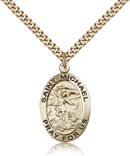 Men's Double Sided Oval St. Michael and Guardian Angel Medal - 14KT Gold Filled