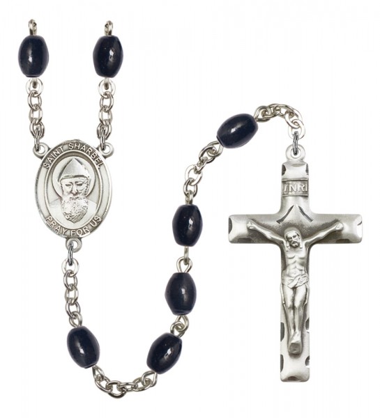 Men's St. Sharbel Silver Plated Rosary - Black Oval