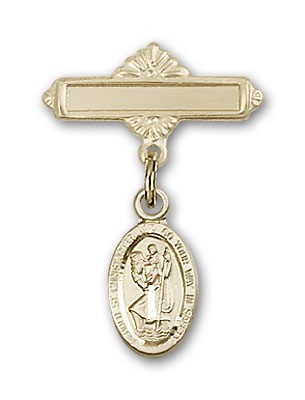 Pin Badge with St. Christopher Charm and Polished Engravable Badge Pin - 14KT Gold Filled