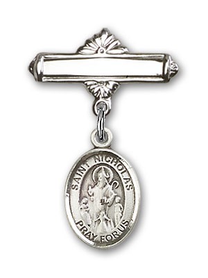 Pin Badge with St. Nicholas Charm and Polished Engravable Badge Pin - Silver tone