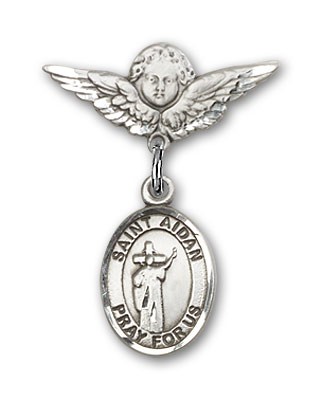 Pin Badge with St. Aidan of Lindesfarne Charm and Angel with Smaller Wings Badge Pin - Silver tone