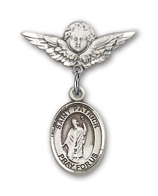Pin Badge with St. Patrick Charm and Angel with Smaller Wings Badge Pin - Silver tone