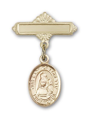 Pin Badge with Our Lady of Loretto Charm and Polished Engravable Badge Pin - Gold Tone
