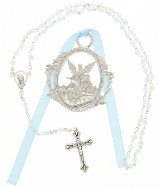 Guardian Angel Crib Medal with Baby Rosary Set - Boy - Silver