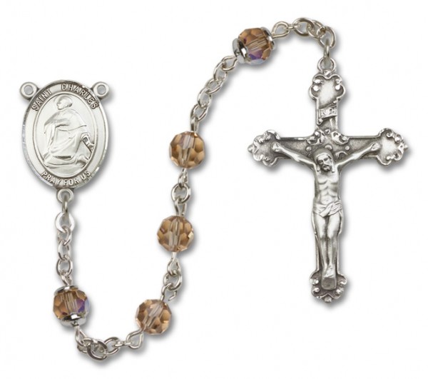St. Charles Borromeo Sterling Silver Heirloom Rosary Fancy Crucifix - Topaz