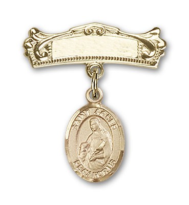Pin Badge with St. Agnes of Rome Charm and Arched Polished Engravable Badge Pin - Gold Tone