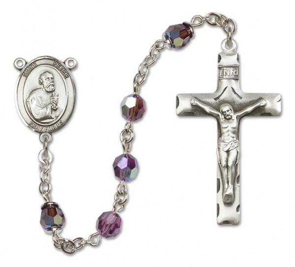 St. Peter the Apostle Sterling Silver Heirloom Rosary Squared Crucifix - Amethyst