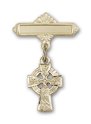 Pin Badge with Celtic Cross Charm and Polished Engravable Badge Pin - 14K Solid Gold