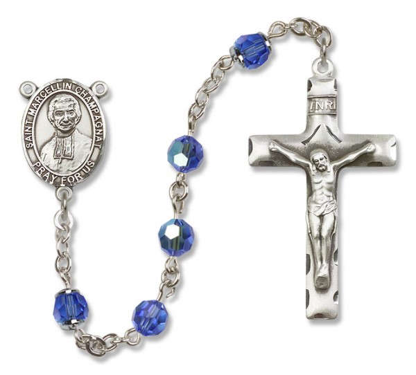 St. Marcellin Champagnat Sterling Silver Heirloom Rosary Squared Crucifix - Sapphire