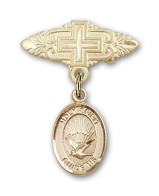 Pin Badge with Holy Spirit Charm and Badge Pin with Cross - 14K Solid Gold