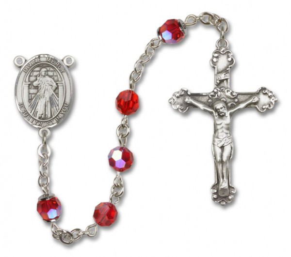 Divine Mercy Sterling Silver Heirloom Rosary Fancy Crucifix - Ruby Red