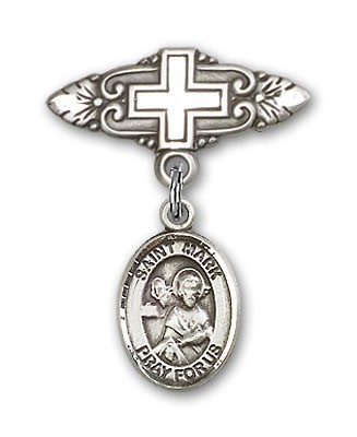 Pin Badge with St. Mark the Evangelist Charm and Badge Pin with Cross - Silver tone