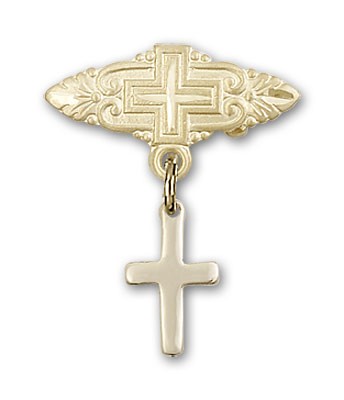 Baby Pin with Cross Charm and Badge Pin with Cross - 14K Solid Gold