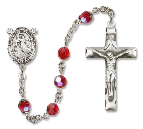 St. Joseph of Cupertino Sterling Silver Heirloom Rosary Squared Crucifix - Ruby Red