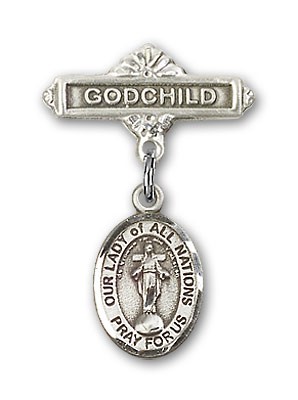 Baby Badge with Our Lady of All Nations Charm and Godchild Badge Pin - Silver tone
