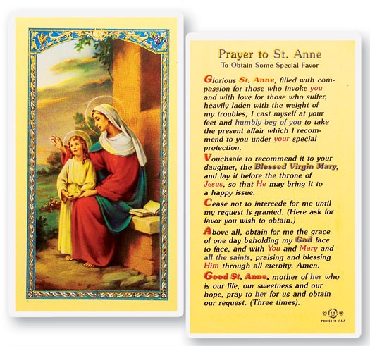 St. Anne, Prayer Obtain Favor Laminated Prayer Card - 25 Cards Per Pack .80 per card