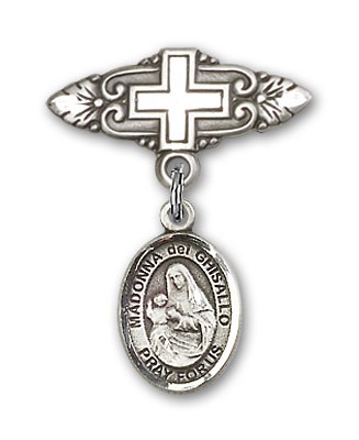 Pin Badge with St. Madonna Del Ghisallo Charm and Badge Pin with Cross - Silver tone