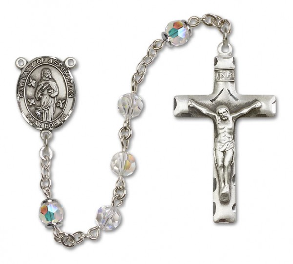 Our Lady of Assumption Sterling Silver Heirloom Rosary Squared Crucifix - Crystal