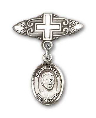 Pin Badge with St. Eugene de Mazenod Charm and Badge Pin with Cross - Silver tone