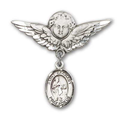 Pin Badge with St. Zachary Charm and Angel with Larger Wings Badge Pin - Silver tone