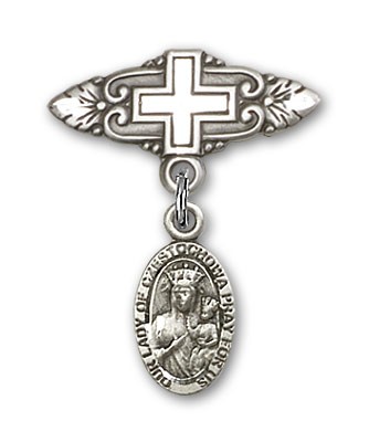 Pin Badge with Our Lady of Czestochowa Charm and Badge Pin with Cross - Silver tone