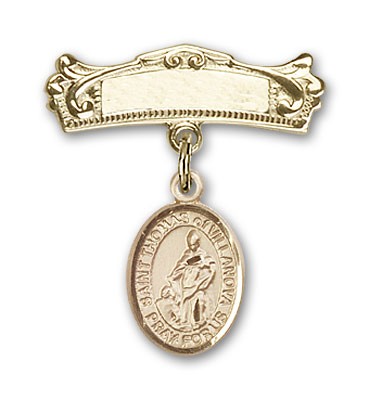Pin Badge with St. Thomas of Villanova Charm and Arched Polished Engravable Badge Pin - 14K Solid Gold