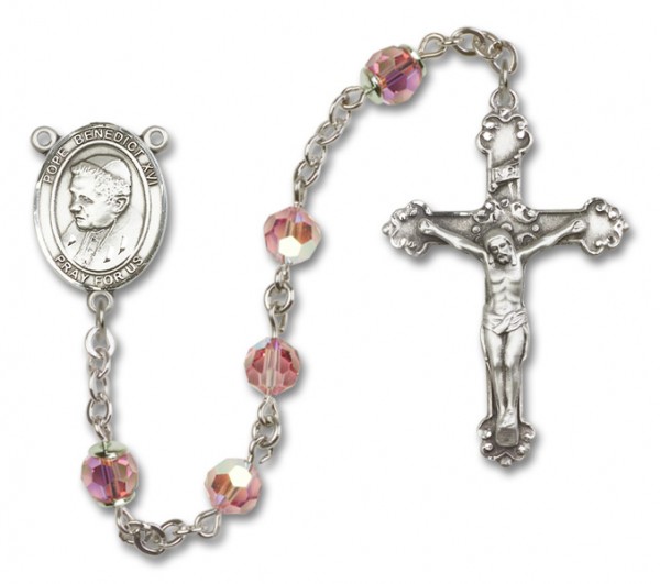 Pope Benedict XVI Sterling Silver Heirloom Rosary Fancy Crucifix - Light Rose