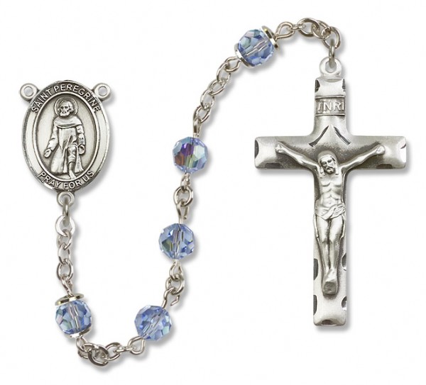 St. Peregrine Laziosi Sterling Silver Heirloom Rosary Squared Crucifix - Light Sapphire