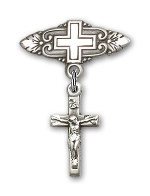 Pin Badge with Crucifix Charm and Badge Pin with Cross - Silver tone