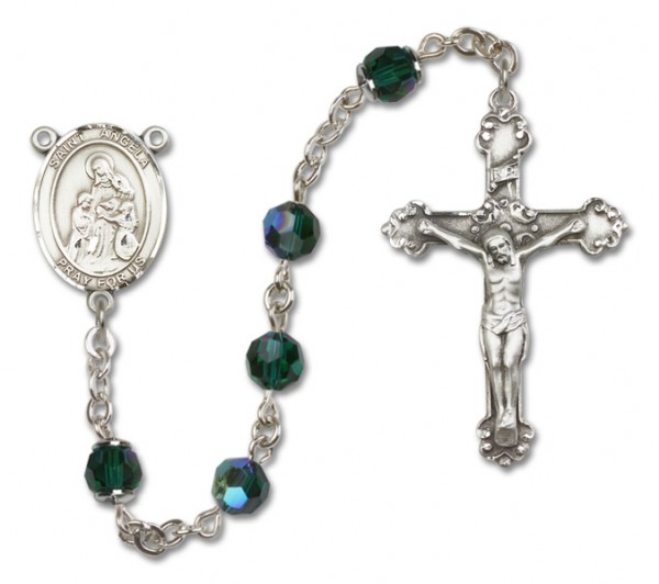 St. Angela Merici Sterling Silver Heirloom Rosary Fancy Crucifix - Emerald Green