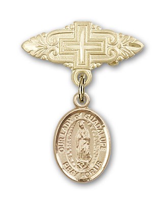 Pin Badge with Our Lady of Guadalupe Charm and Badge Pin with Cross - 14K Solid Gold