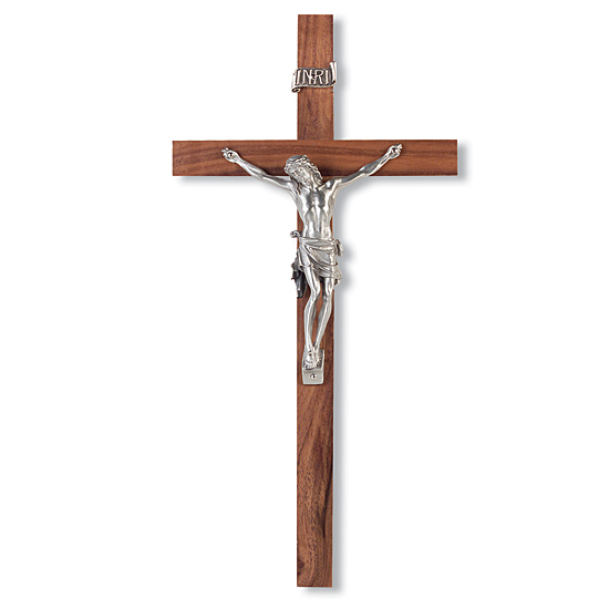 Straight Edge Walnut Wood Wall Crucifix - 10 inch - Brown