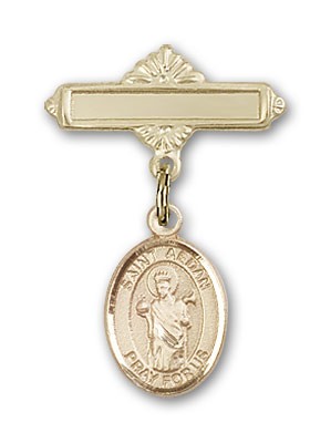 Pin Badge with St. Aedan of Ferns Charm and Polished Engravable Badge Pin - Gold Tone