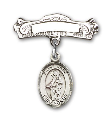 Pin Badge with St. Jane of Valois Charm and Arched Polished Engravable Badge Pin - Silver tone