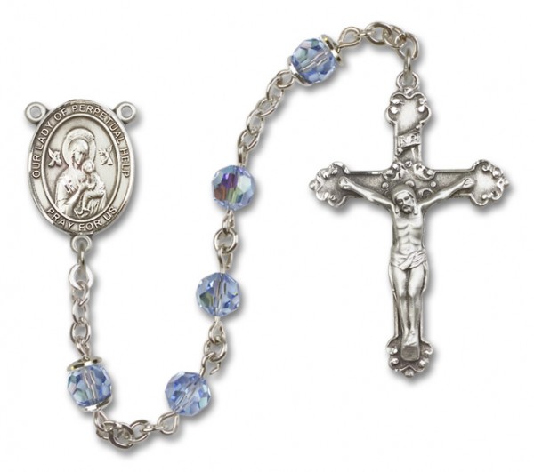 Our Lady of Perpetual Help Sterling Silver Heirloom Rosary Fancy Crucifix - Light Sapphire