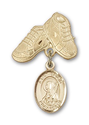 Pin Badge with St. Brigid of Ireland Charm and Baby Boots Pin - 14K Solid Gold