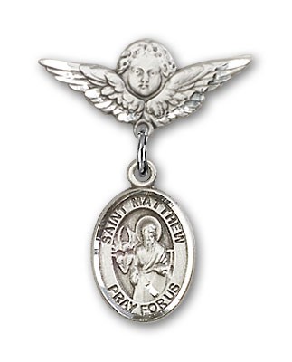 Pin Badge with St. Matthew the Apostle Charm and Angel with Smaller Wings Badge Pin - Silver tone