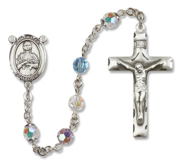 St. Kateri Sterling Silver Heirloom Rosary Squared Crucifix - Multi-Color
