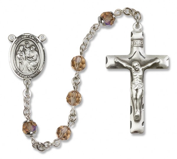 Holy Family Sterling Silver Heirloom Rosary Squared Crucifix - Topaz