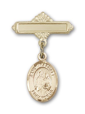 Pin Badge with St. Raphael the Archangel Charm and Polished Engravable Badge Pin - 14K Solid Gold