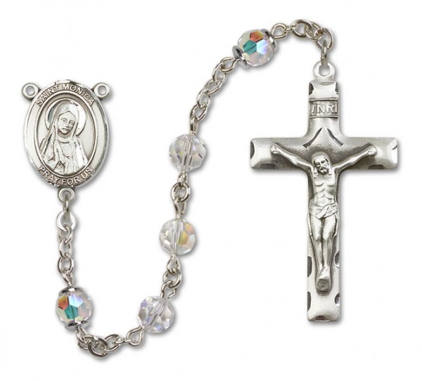 St. Monica Sterling Silver Heirloom Rosary Squared Crucifix - Crystal