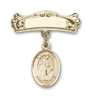 Pin Badge with St. Ann Charm and Arched Polished Engravable Badge Pin - 14K Solid Gold
