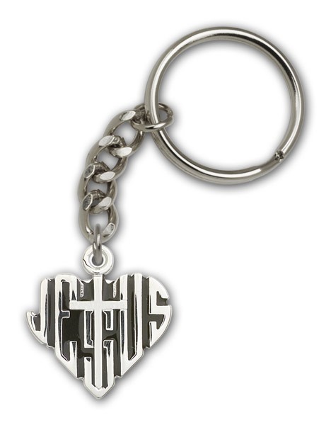 Heart of Jesus with Cross Keychain - Silver tone