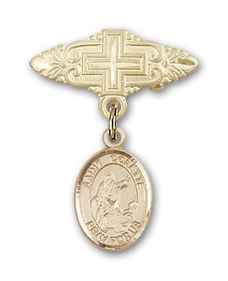 Pin Badge with St. Colette Charm and Badge Pin with Cross - 14K Solid Gold
